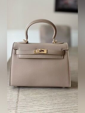 (Designer Inspired) Taupe Top-Handle Leather Satchel with Gold Hardware